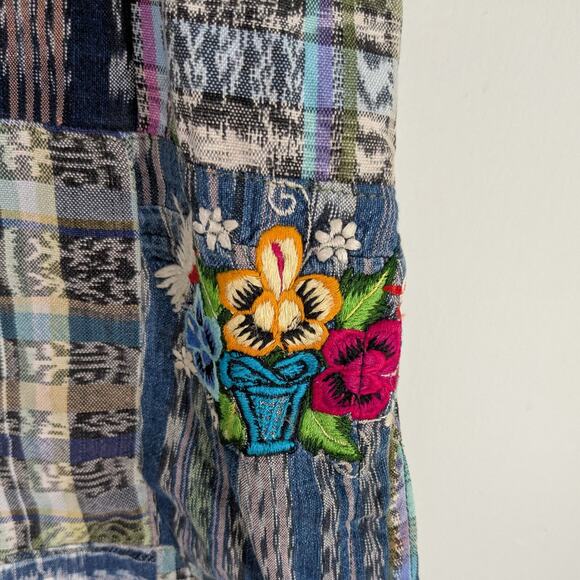 Patchwork Maxi Skirt S Blue Multi Plaid Boho Hippie Floral Embroidered Pull On - Picture 6 of 12